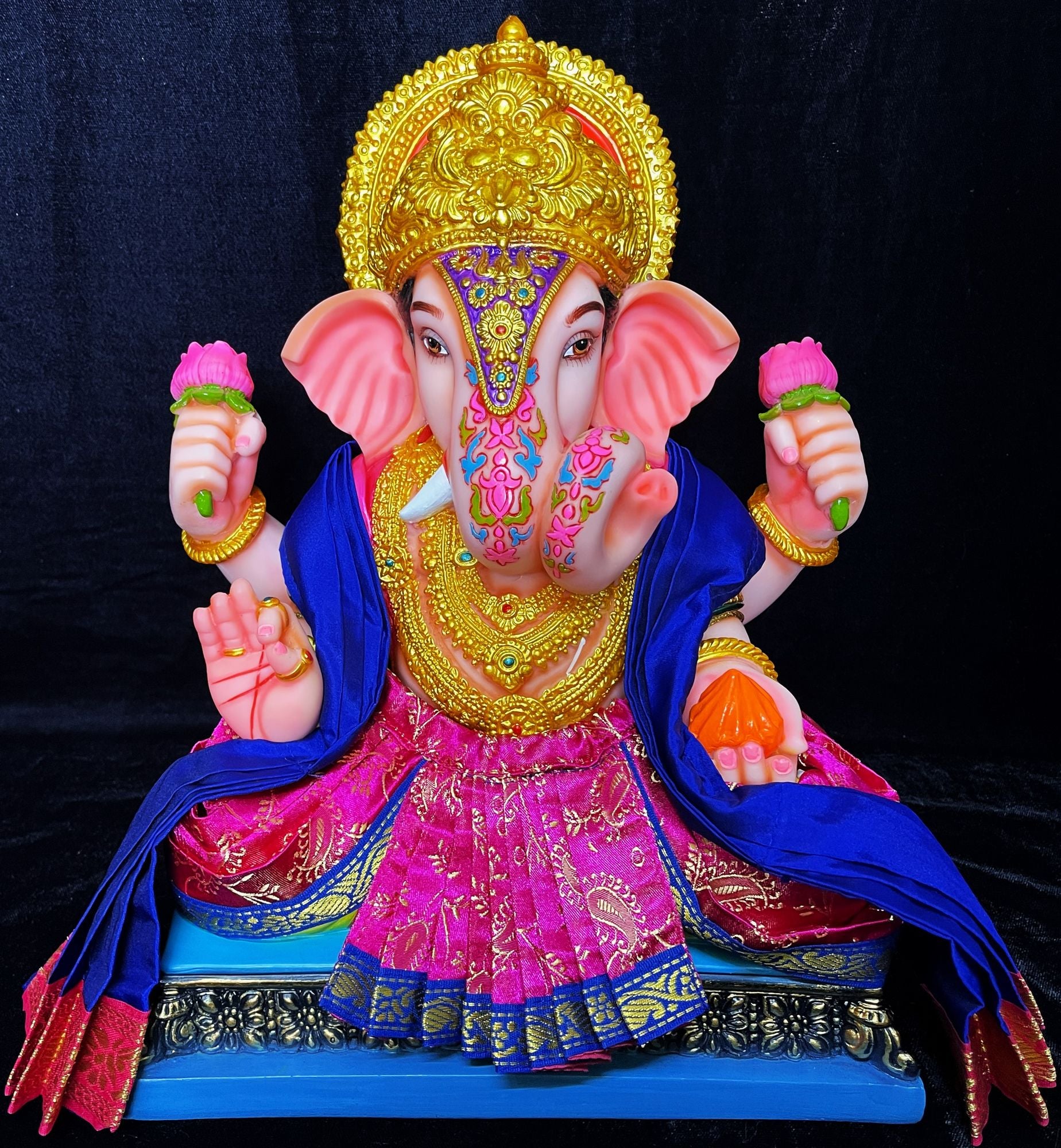 Dagdusheth Halwai Ganpati Dhoti made of Satin Silk (Not Pure Silk) - Pink dhoti with Blue border and Blue shalya 1