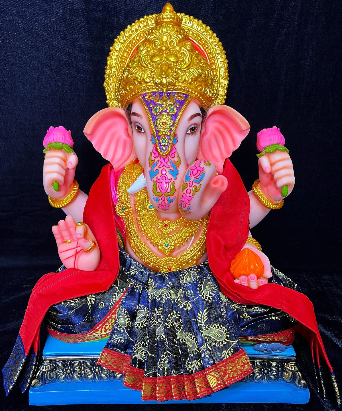 Dagdusheth Halwai Ganpati Dhoti made of Satin Silk (Not Pure Silk) - Navy blue dhoti with Red border and Red shalya
