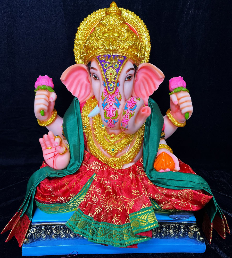 Dagdusheth Halwai Ganpati Dhoti made of Satin Silk (Not Pure Silk) - Red dhoti with Bottle Green border and Bottle Green shalya