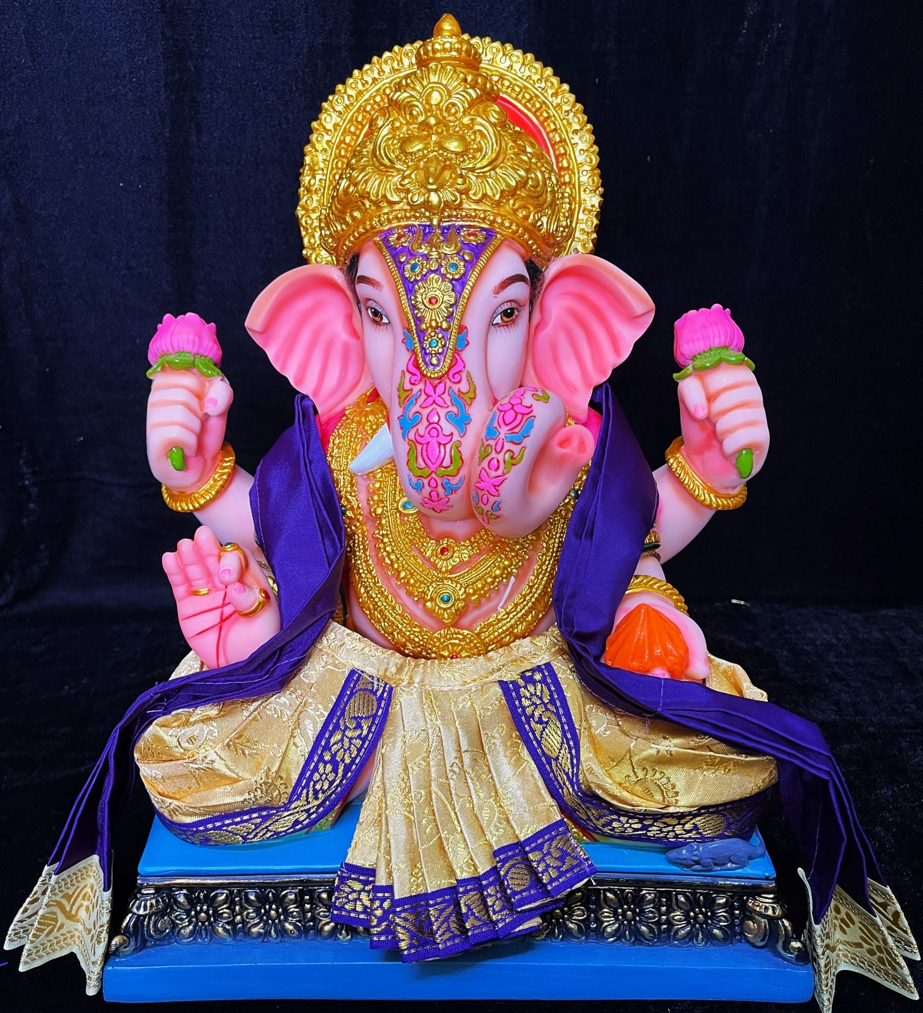 Dagdusheth Halwai Ganpati Dhoti made of Satin Silk (Not Pure Silk) - Cream dhoti with Blue Zari border and Blue shalya 1