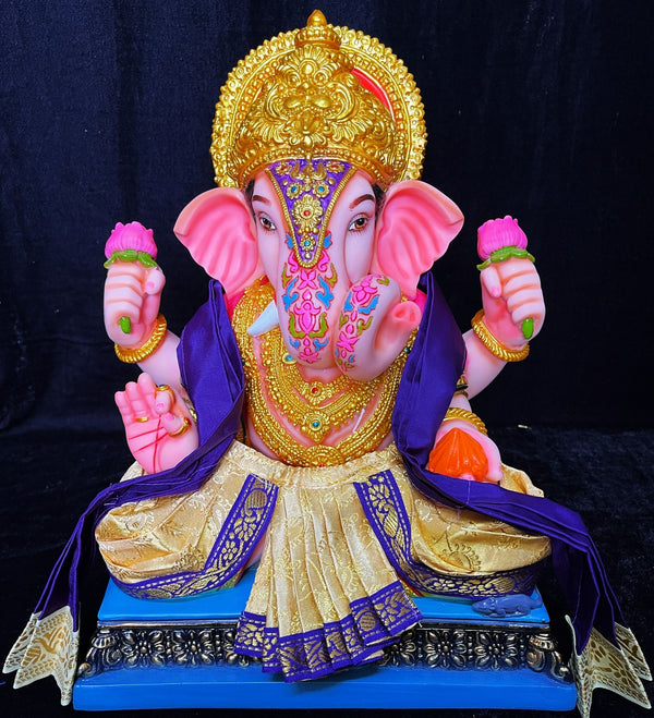 Dagdusheth Halwai Ganpati Dhoti made of Satin Silk (Not Pure Silk) - Cream dhoti with Blue Zari border and Blue shalya