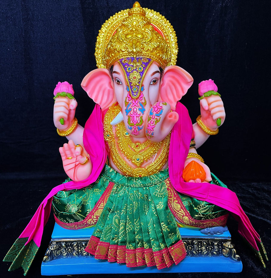 Dagdusheth Halwai Ganpati Dhoti made of Satin Silk (Not Pure Silk) - Green dhoti with Pink Zari border and Pink Shalya