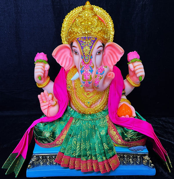 Dagdusheth Halwai Ganpati Dhoti made of Satin Silk (Not Pure Silk) - Green dhoti with Pink Zari border and Pink Shalya