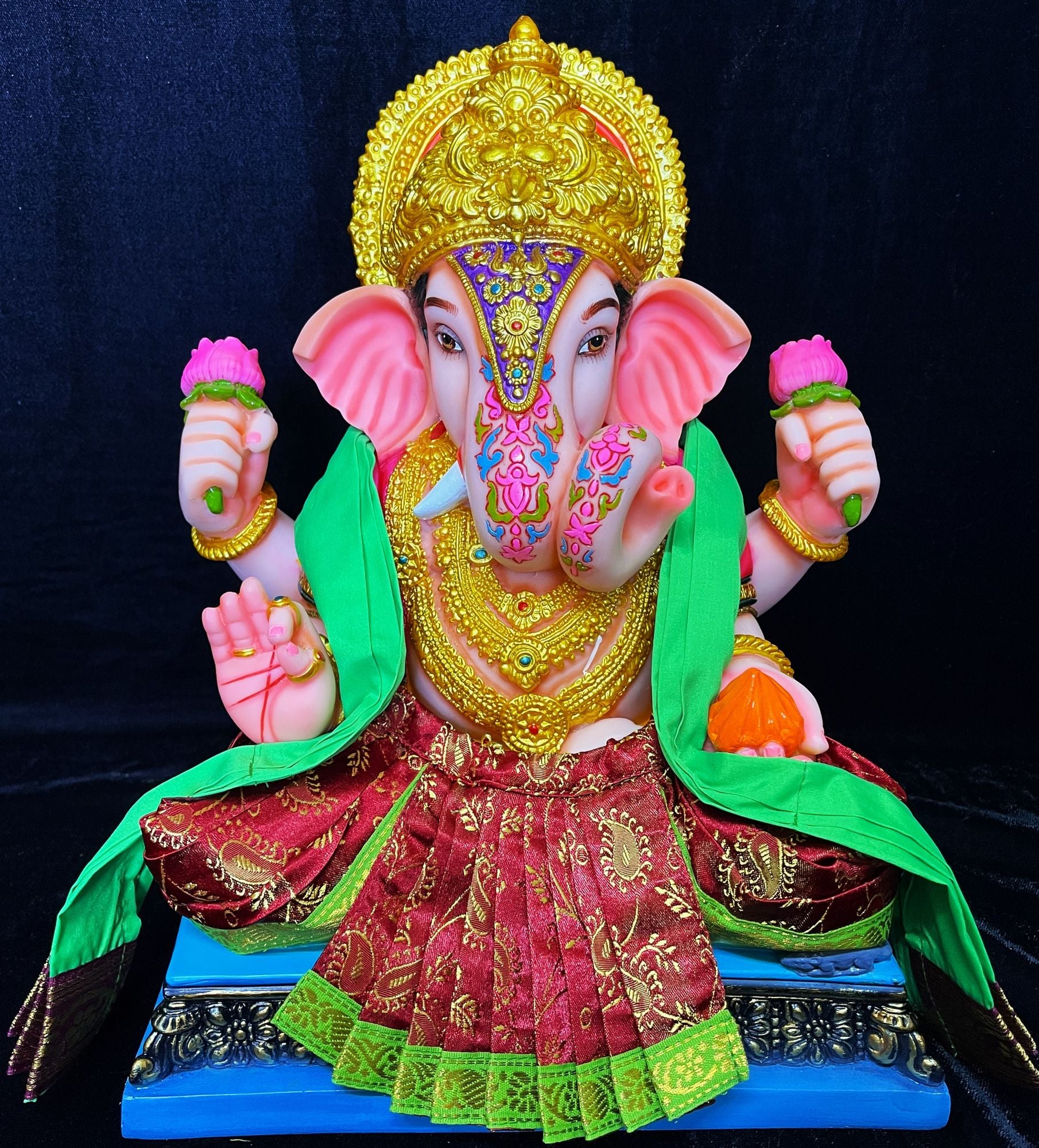 Dagdusheth Halwai Ganpati Dhoti made of Satin Silk (Not Pure Silk) - Maroon dhoti with Parrot Green  Zari border and Parrot Green Shalya 1