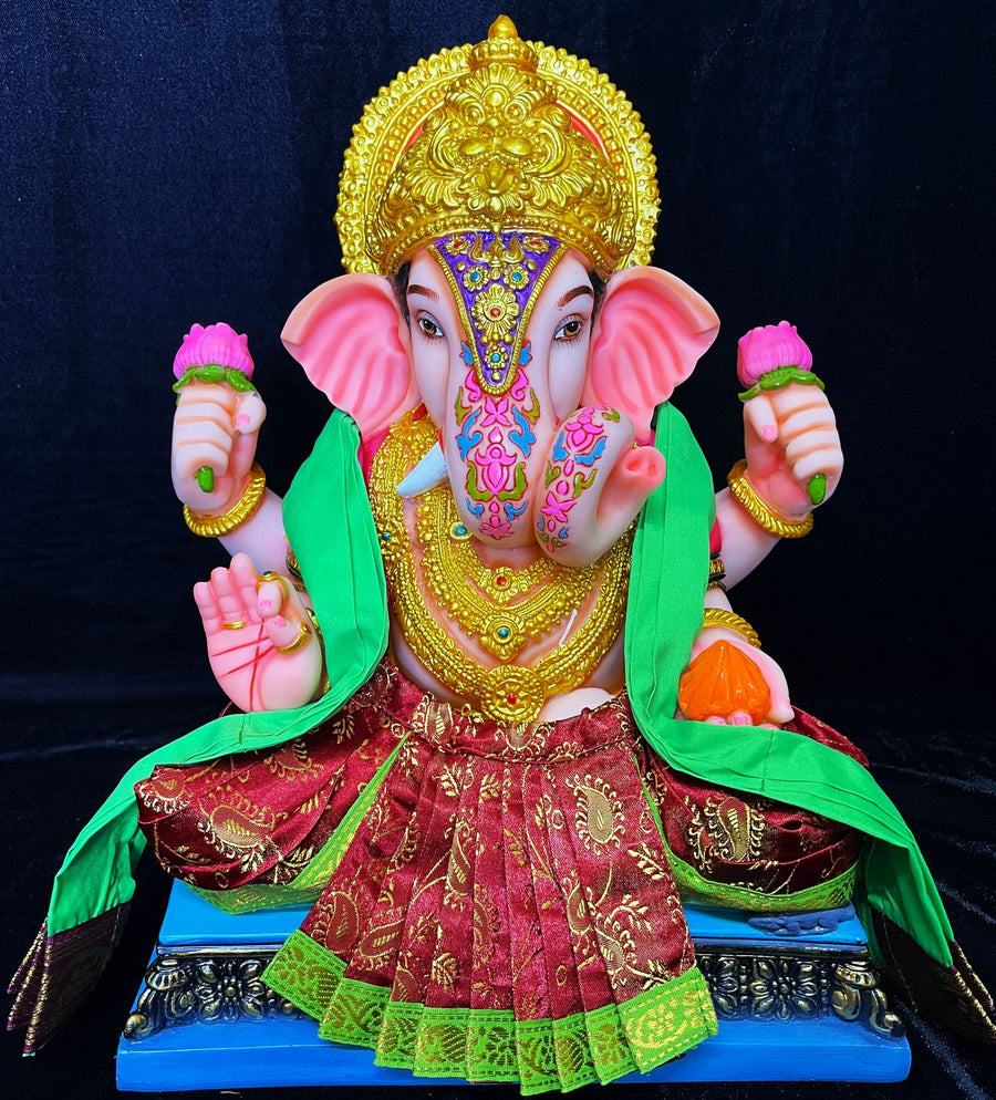 Dagdusheth Halwai Ganpati Dhoti made of Satin Silk (Not Pure Silk) - Maroon dhoti with Parrot Green  Zari border and Parrot Green Shalya