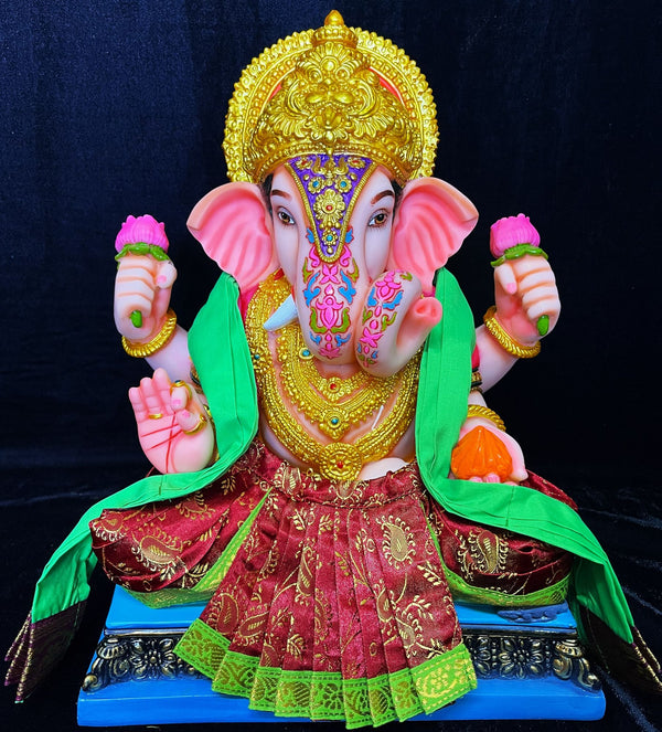 Dagdusheth Halwai Ganpati Dhoti made of Satin Silk (Not Pure Silk) - Maroon dhoti with Parrot Green  Zari border and Parrot Green Shalya
