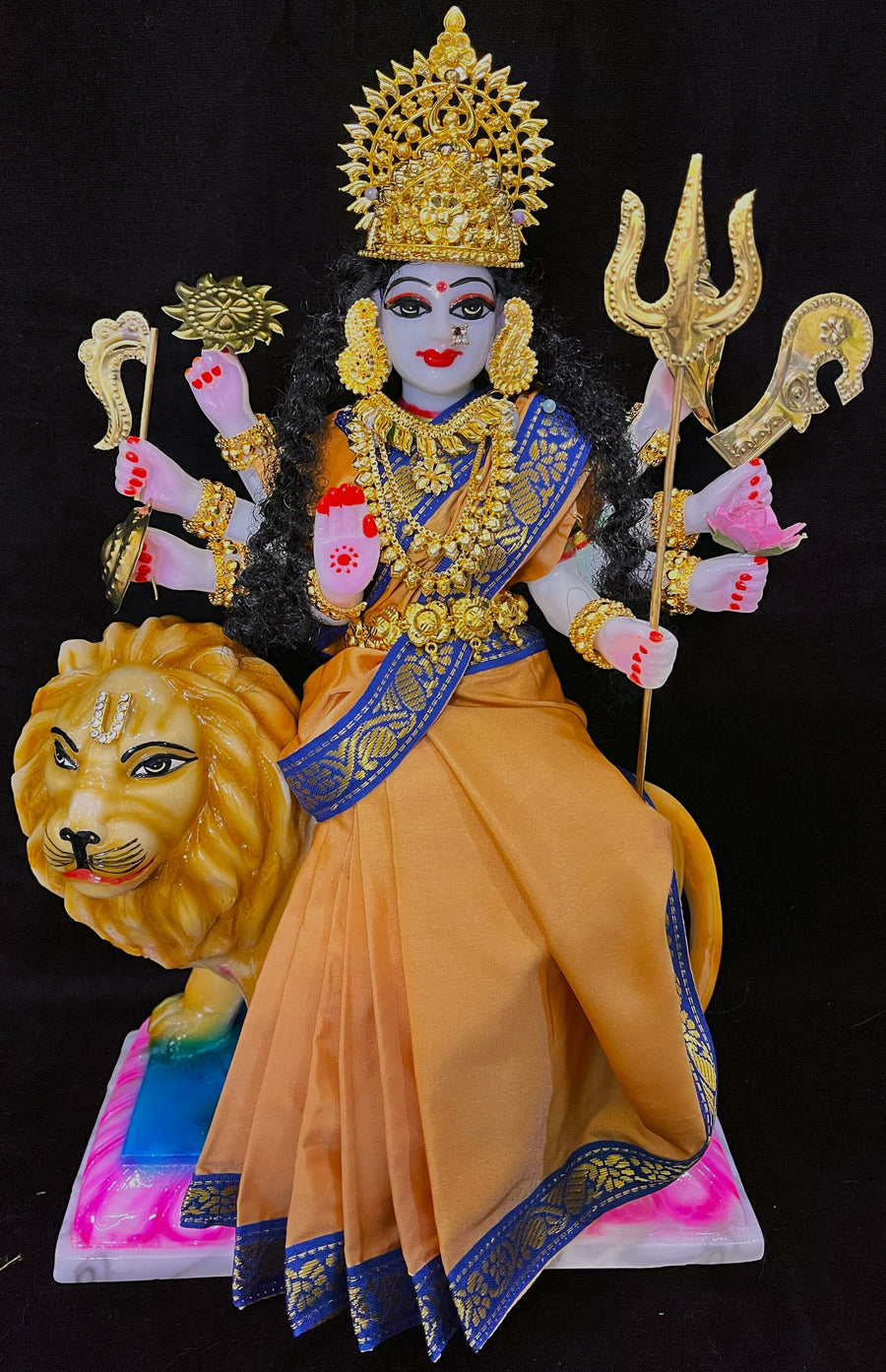Royal Pre-Stitched Plain Silk Devi Saree (Not Pure Silk) - Mustard Green Saree with Blue border