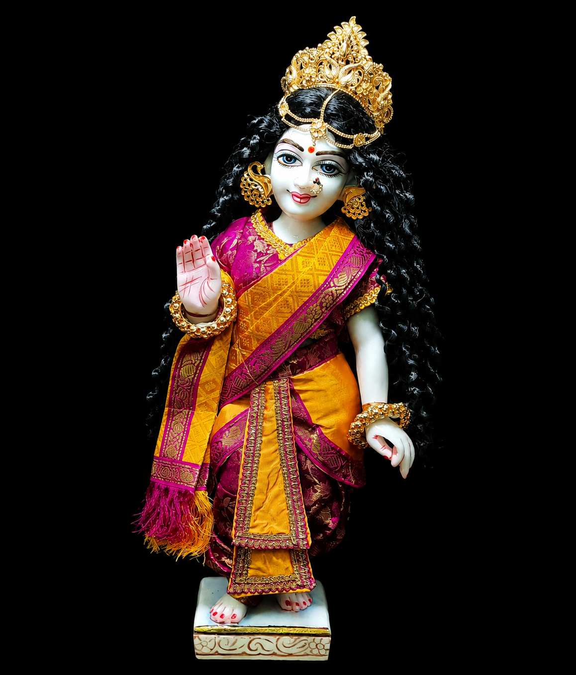 Devanesa inspired Deity Pre-stitched Saree made of Brocade Silk (Not Pure Silk) - Pink and Yellow Saree with Pink Blouse 1