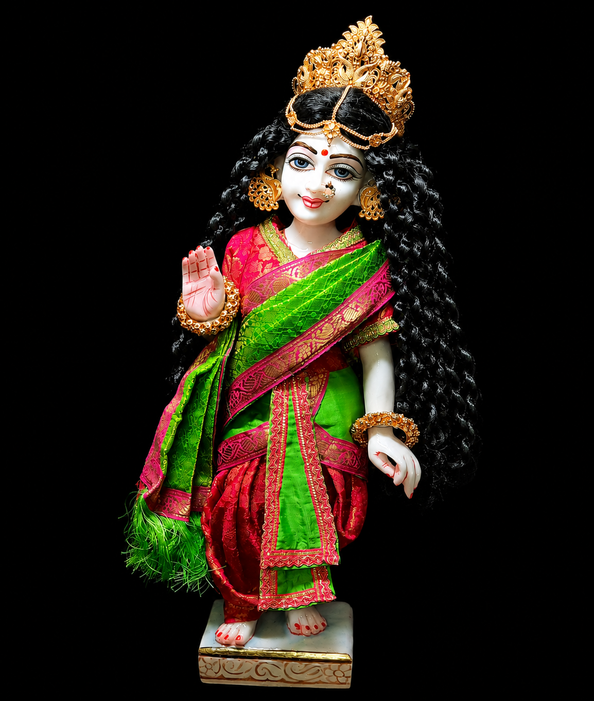 Devanesa inspired Deity Pre-stitched Saree made of Brocade Silk (Not Pure Silk) - Parrot Green and Pink Saree with Pink Blouse 1