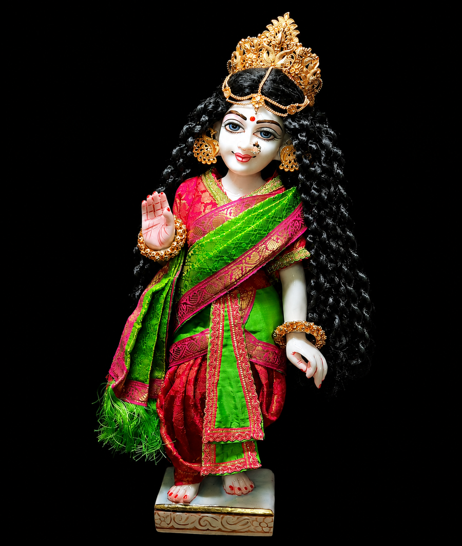 Devanesa inspired Deity Pre-stitched Saree made of Brocade Silk (Not Pure Silk) - Parrot Green and Pink Saree with Pink Blouse