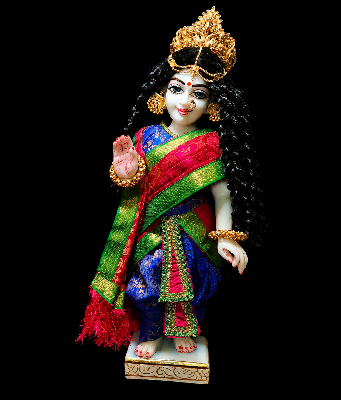 Devanesa inspired Deity Pre-stitched Saree made of Brocade Silk (Not Pure Silk) - Royal Blue and Pink Saree with Royal Blue Blouse 1