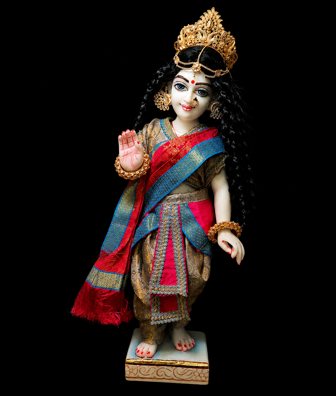 Devanesa inspired Deity Pre-stitched Saree made of Brocade Silk (Not Pure Silk) - Red and Grey Saree with Grey Blouse 1