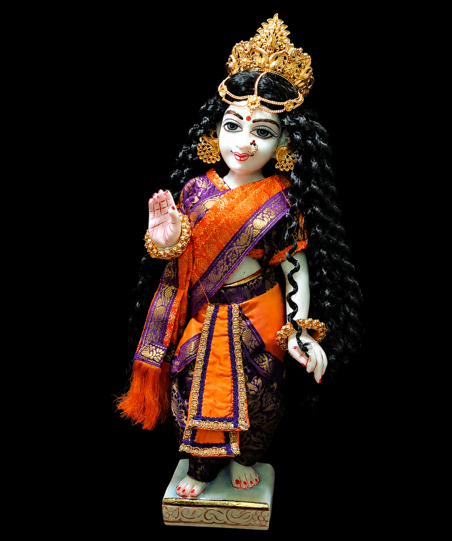 Devanesa inspired Deity Pre-stitched Saree made of Brocade Silk (Not Pure Silk) - Purple and Orange Saree with Purple Blouse