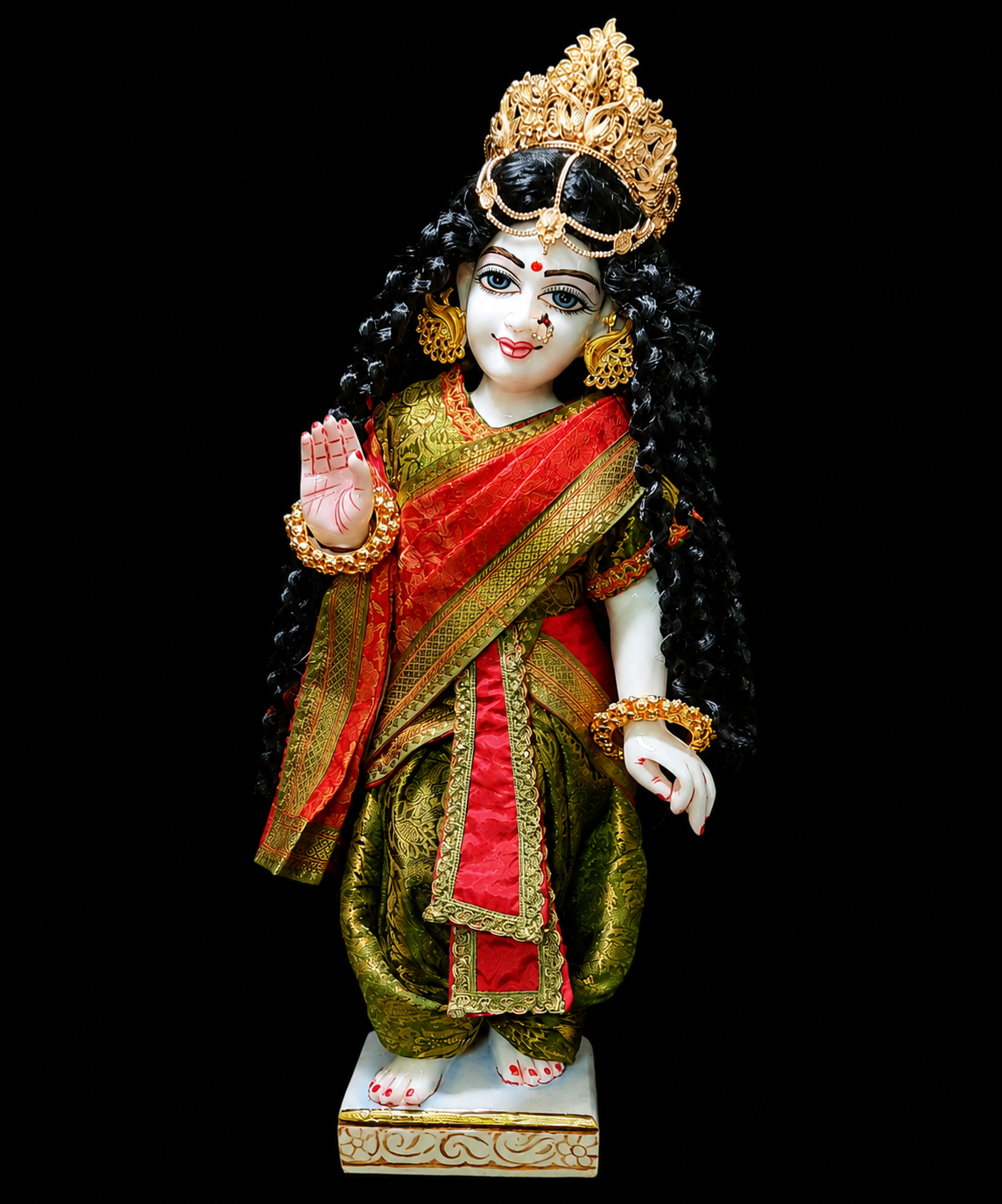 Devanesa inspired Deity Pre-stitched Saree made of Brocade Silk (Not Pure Silk) - Red and Olive Green Saree with Olive Green Blouse 1