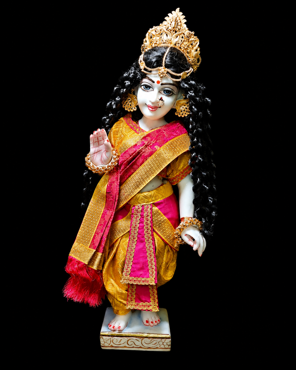 Devanesa inspired Deity Pre-stitched Saree made of Brocade Silk (Not Pure Silk) - Pink and Yellow Saree with Yellow Blouse