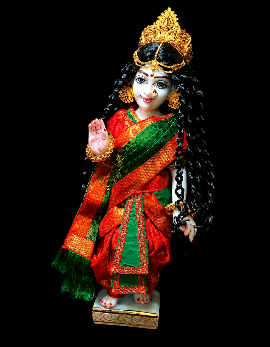 Devanesa inspired Deity Pre-stitched Saree made of Brocade Silk (Not Pure Silk) - Red and Emerald Green Saree with Red Blouse