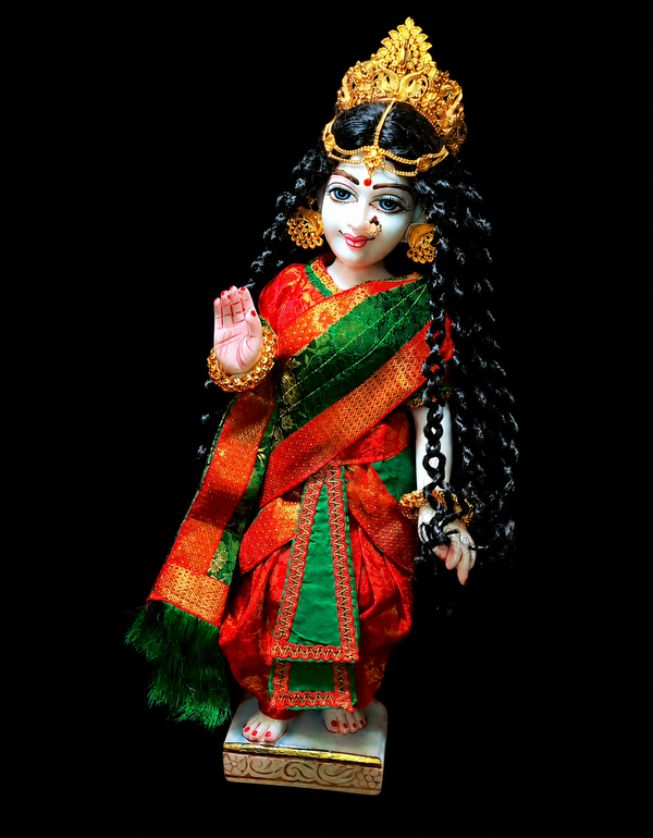 Devanesa inspired Deity Pre-stitched Saree made of Brocade Silk (Not Pure Silk) - Red and Emerald Green Saree with Red Blouse