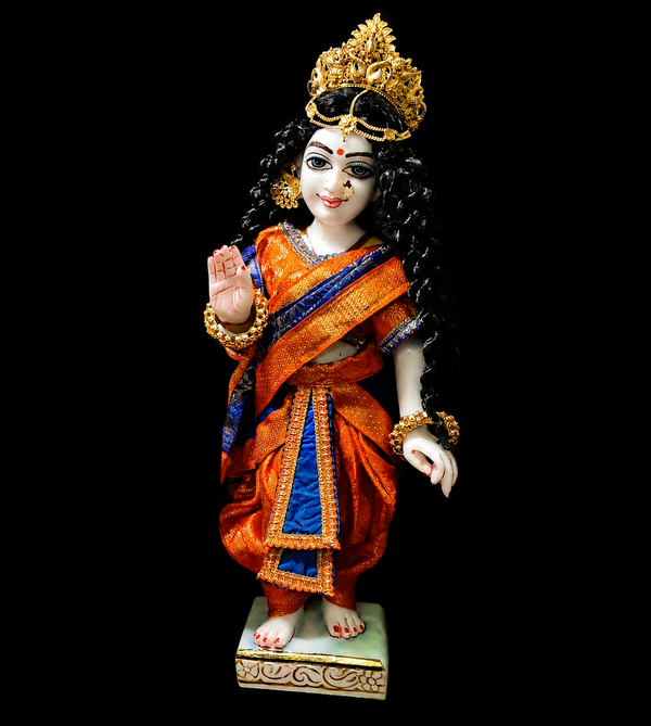 Devanesa inspired Deity Pre-stitched Saree made of Brocade Silk (Not Pure Silk) - Orange and Royal Blue Saree with Orange Blouse