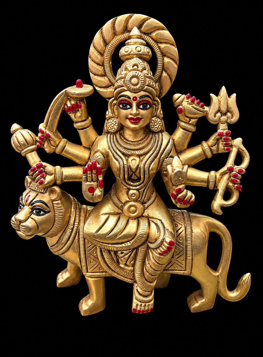 Majestic Brass Maa Durga on Lion Idol – 6 Inches | Handcrafted Divine Sculpture