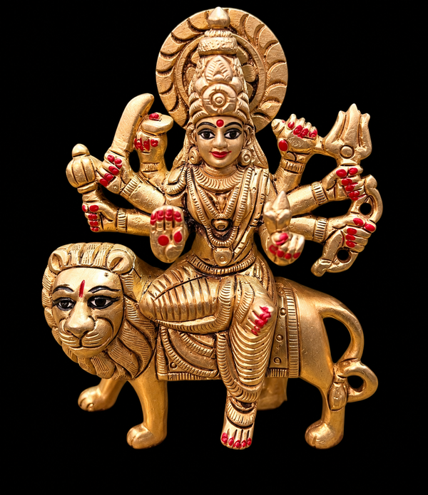 Majestic Brass Maa Durga on Lion Idol – 4 Inches | Handcrafted Divine Sculpture