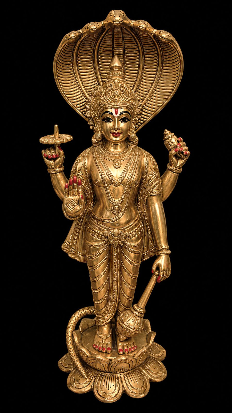Sacred Brass Lord Vishnu Idol with Adisesha Prabhavali – 17 Inches | Handcrafted Vaishnavite Sculpture