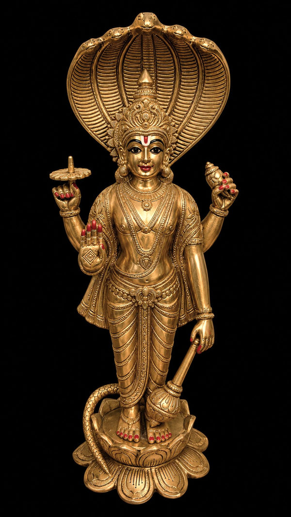 Sacred Brass Lord Vishnu Idol with Adisesha Prabhavali – 17 Inches | Handcrafted Vaishnavite Sculpture