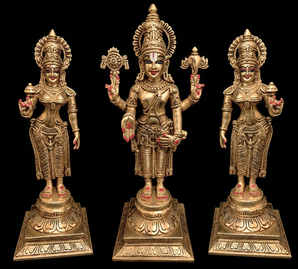 Premium Brass Balaji with Sridevi & Bhudevi Idol Set – 14 Inch | Lord Venkateswara Divine Trio