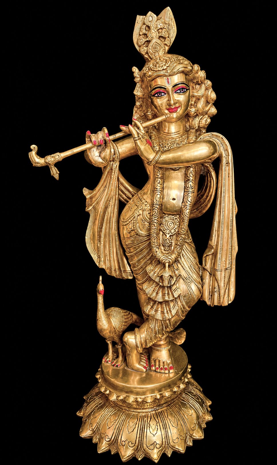 Grand Brass Lord Krishna Playing Flute Idol – 27 Inch | Divine Symbol of Love, Joy & Spiritual Harmony
