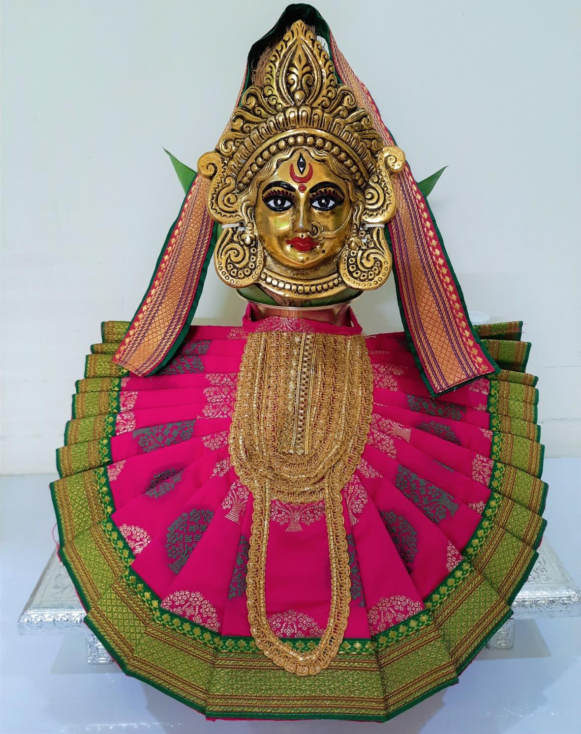 Deity Pre-stitched Kohlapur Mahalakshmi Saree made of Tapeta Silk (Not Pure Silk) - Pink Saree with Green border, Green blouse and Shalya 1
