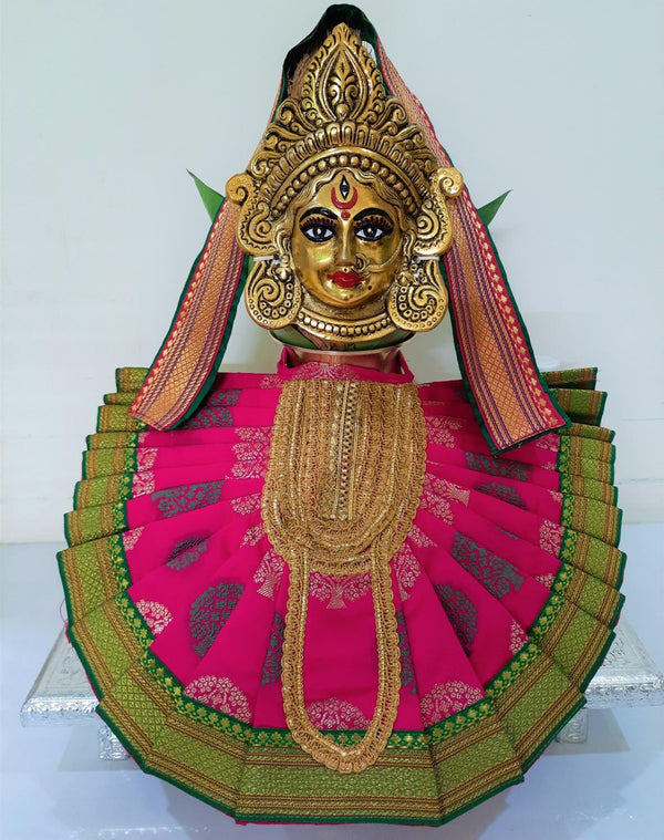 Deity Pre-stitched Kohlapur Mahalakshmi Saree made of Tapeta Silk (Not Pure Silk) - Pink Saree with Green border, Green blouse and Shalya
