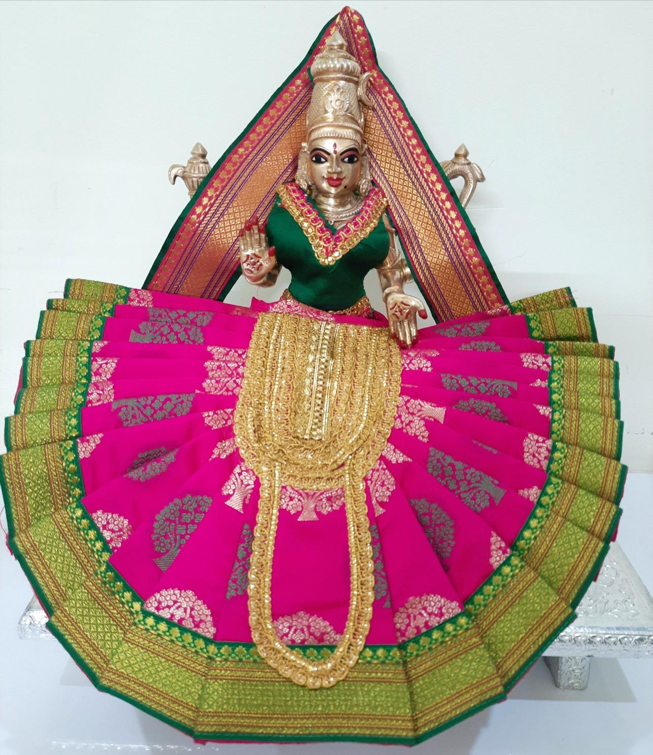 Deity Pre-stitched Kohlapur Mahalakshmi Saree made of Tapeta Silk (Not Pure Silk) - Pink Saree with Green border, Green blouse and Shalya 2