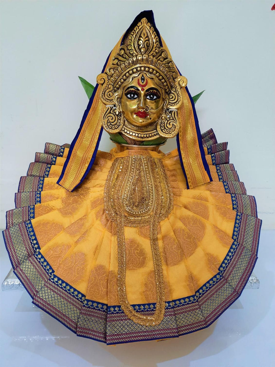 Deity Pre-stitched Kohlapur Mahalakshmi Saree made of Tapeta Silk (Not Pure Silk) - Golden-yellow  Saree with Blue  border, Blue blouse and Shalya
