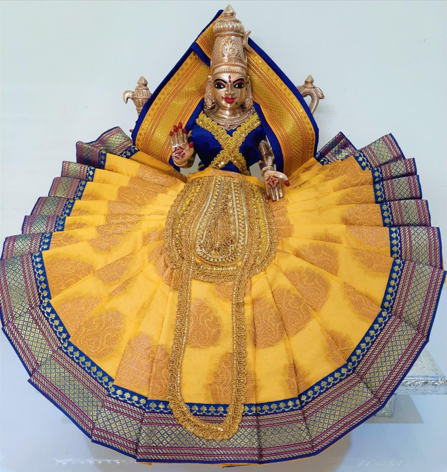 Deity Pre-stitched Kohlapur Mahalakshmi Saree made of Tapeta Silk (Not Pure Silk) - Golden-yellow  Saree with Blue  border, Blue blouse and Shalya 2