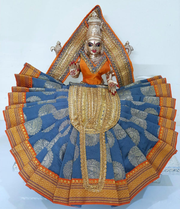Deity Pre-stitched Kohlapur Mahalakshmi Saree made of Tapeta Silk (Not Pure Silk) - Grey Blue  Saree with Orange  border, Orange  blouse and Shalya