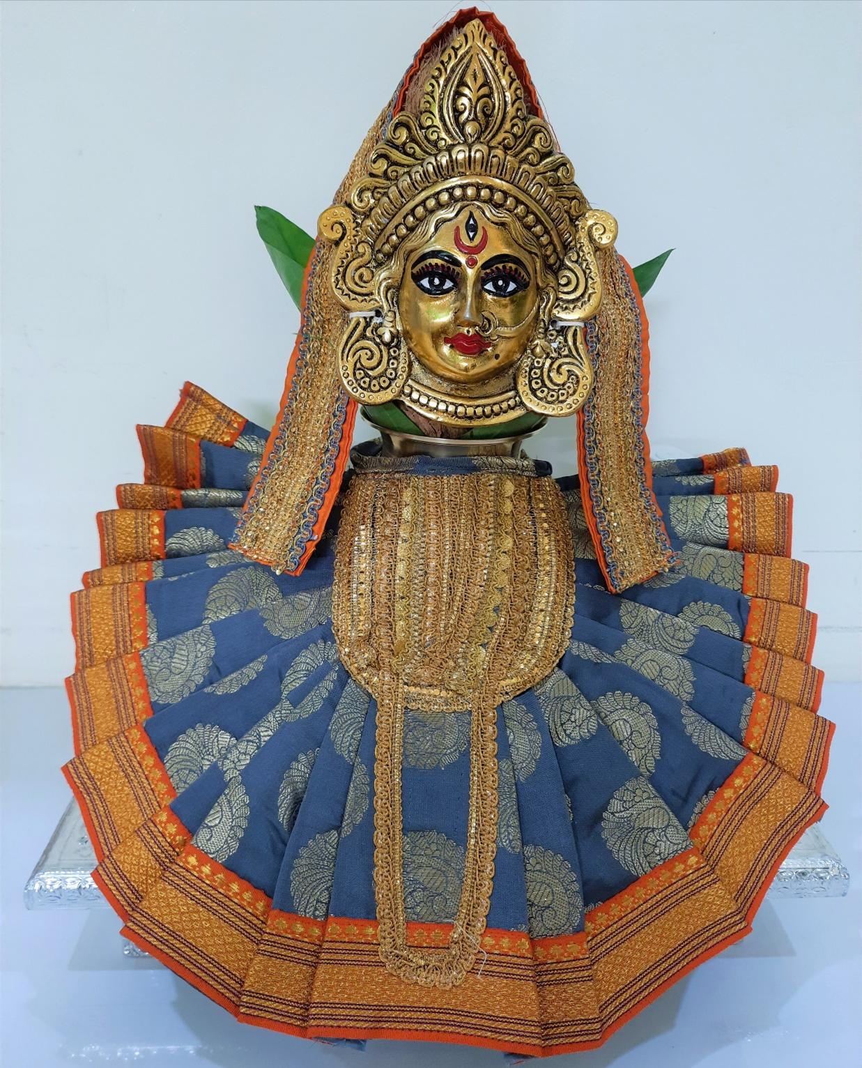 Deity Pre-stitched Kohlapur Mahalakshmi Saree made of Tapeta Silk (Not Pure Silk) - Grey Blue  Saree with Orange  border, Orange  blouse and Shalya 2