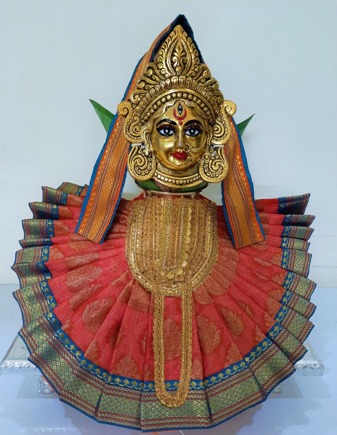 Deity Pre-stitched Kohlapur Mahalakshmi Saree made of Tapeta Silk (Not Pure Silk) - Orange Saree with Sky Blue  border, Sky Blue blouse and Shalya 2
