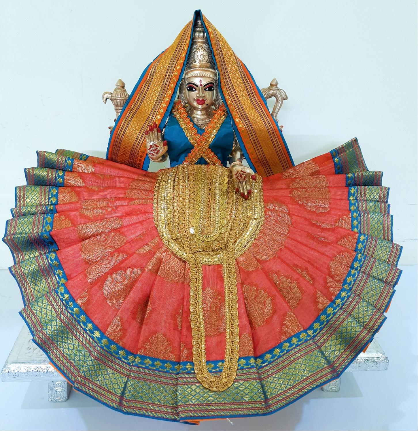 Deity Pre-stitched Kohlapur Mahalakshmi Saree made of Tapeta Silk (Not Pure Silk) - Orange Saree with Sky Blue  border, Sky Blue blouse and Shalya 1