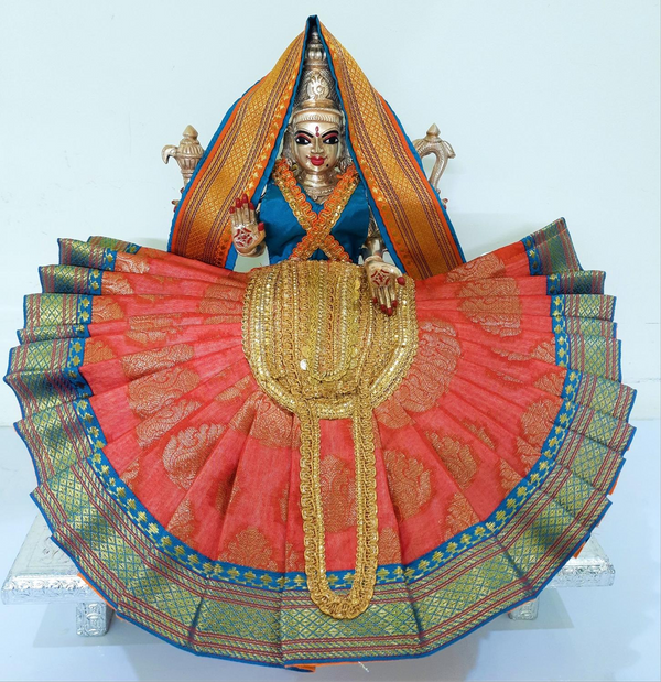 Deity Pre-stitched Kohlapur Mahalakshmi Saree made of Tapeta Silk (Not Pure Silk) - Orange Saree with Sky Blue  border, Sky Blue blouse and Shalya