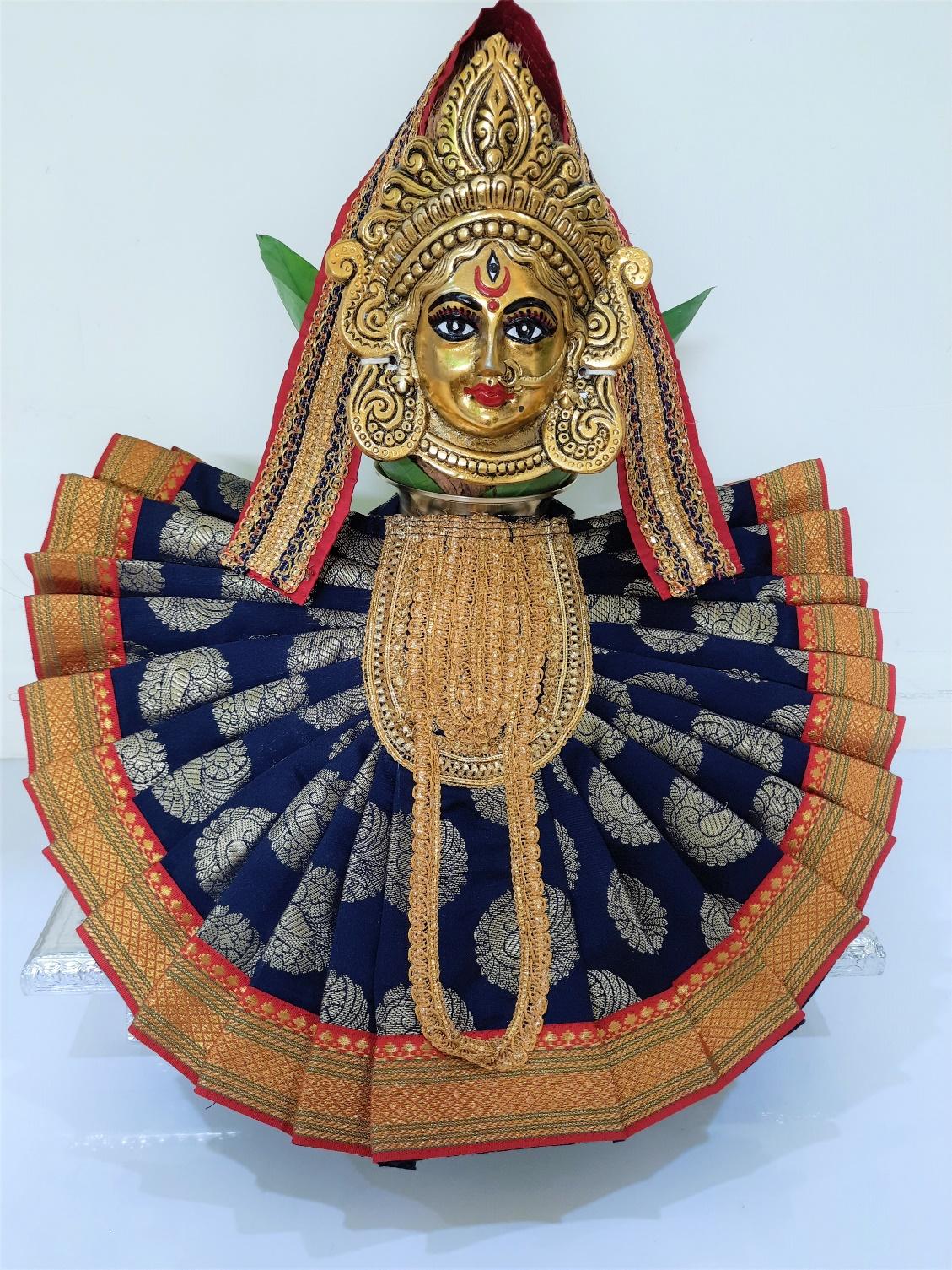 Deity Pre-stitched Kohlapur Mahalakshmi Saree made of Tapeta Silk (Not Pure Silk) - Nacy Blue Saree with Red  border, Red  blouse and Shalya 2