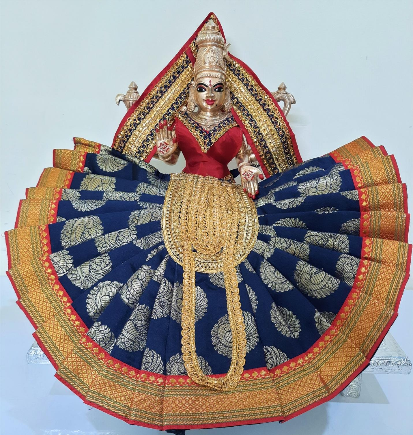 Deity Pre-stitched Kohlapur Mahalakshmi Saree made of Tapeta Silk (Not Pure Silk) - Nacy Blue Saree with Red  border, Red  blouse and Shalya 1