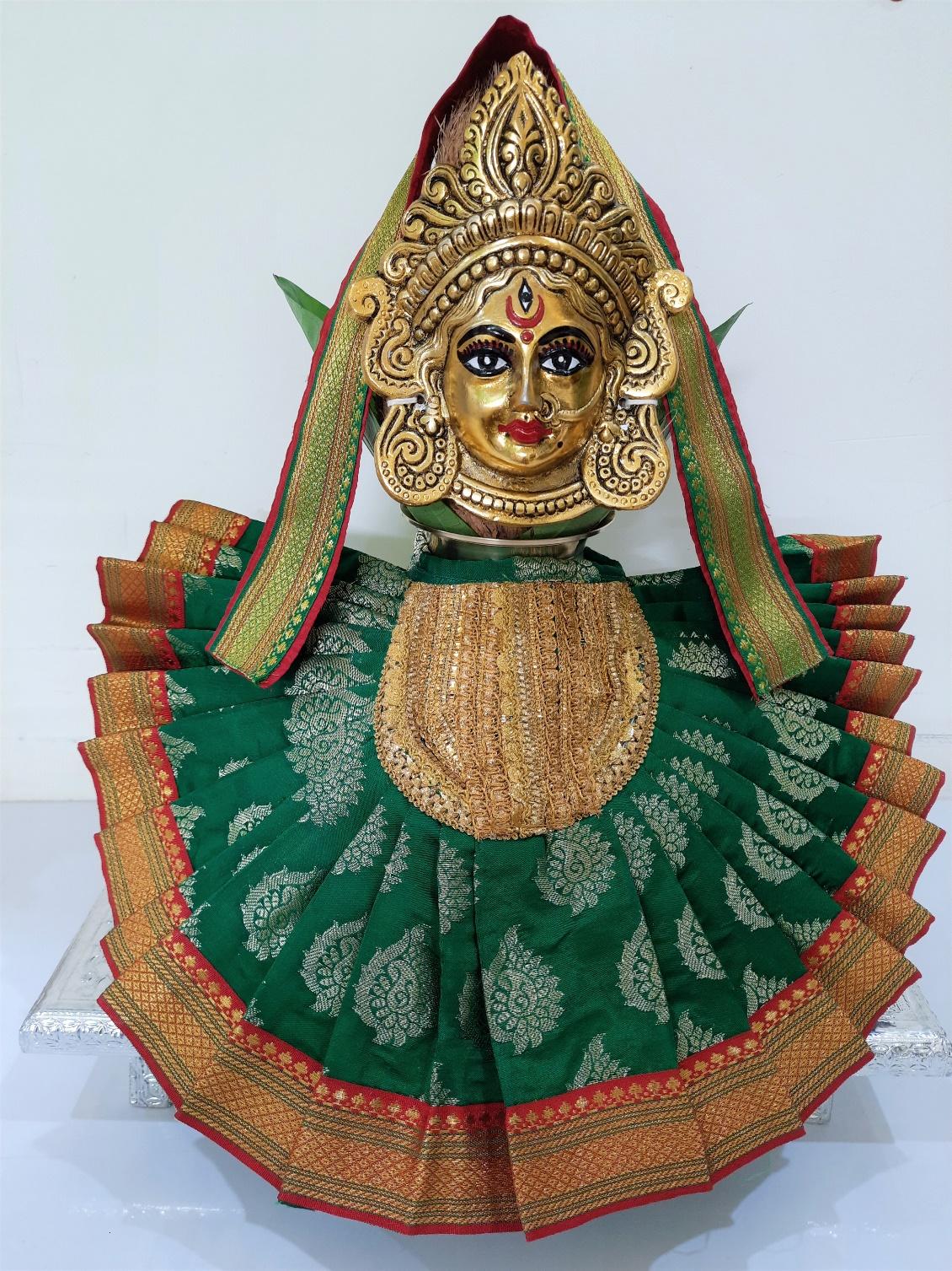 Deity Pre-stitched Kohlapur Mahalakshmi Saree made of Tapeta Silk (Not Pure Silk) - Green Saree with Red border, Red blouse and Shalya 2