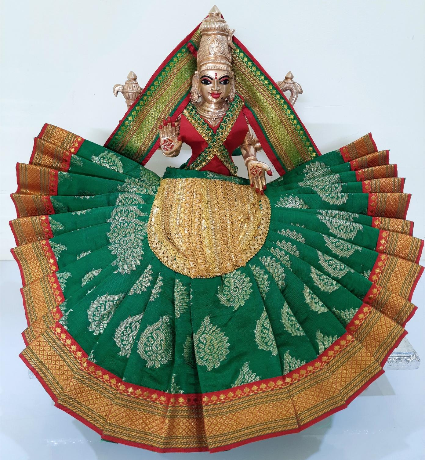 Deity Pre-stitched Kohlapur Mahalakshmi Saree made of Tapeta Silk (Not Pure Silk) - Green Saree with Red border, Red blouse and Shalya 1