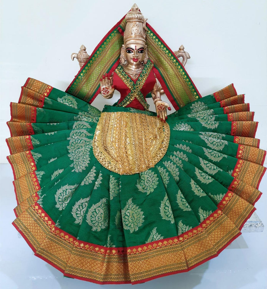 Deity Pre-stitched Kohlapur Mahalakshmi Saree made of Tapeta Silk (Not Pure Silk) - Green Saree with Red border, Red blouse and Shalya