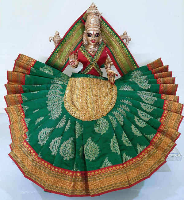 Deity Pre-stitched Kohlapur Mahalakshmi Saree made of Tapeta Silk (Not Pure Silk) - Green Saree with Red border, Red blouse and Shalya