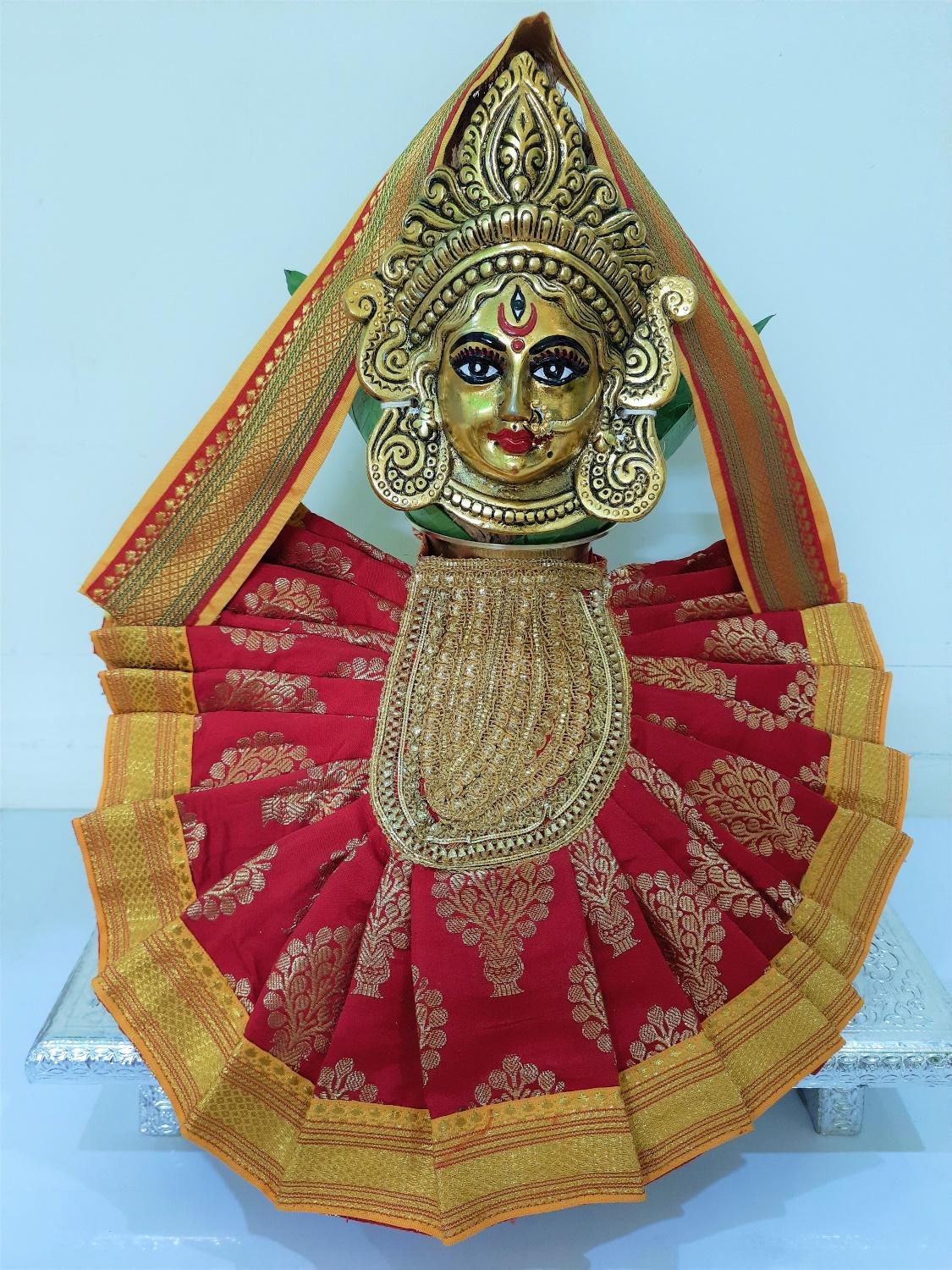 Deity Pre-stitched Kohlapur Mahalakshmi Saree made of Tapeta Silk (Not Pure Silk) - Red Saree with Yellow  border,  Yellow blouse and Shalya 1