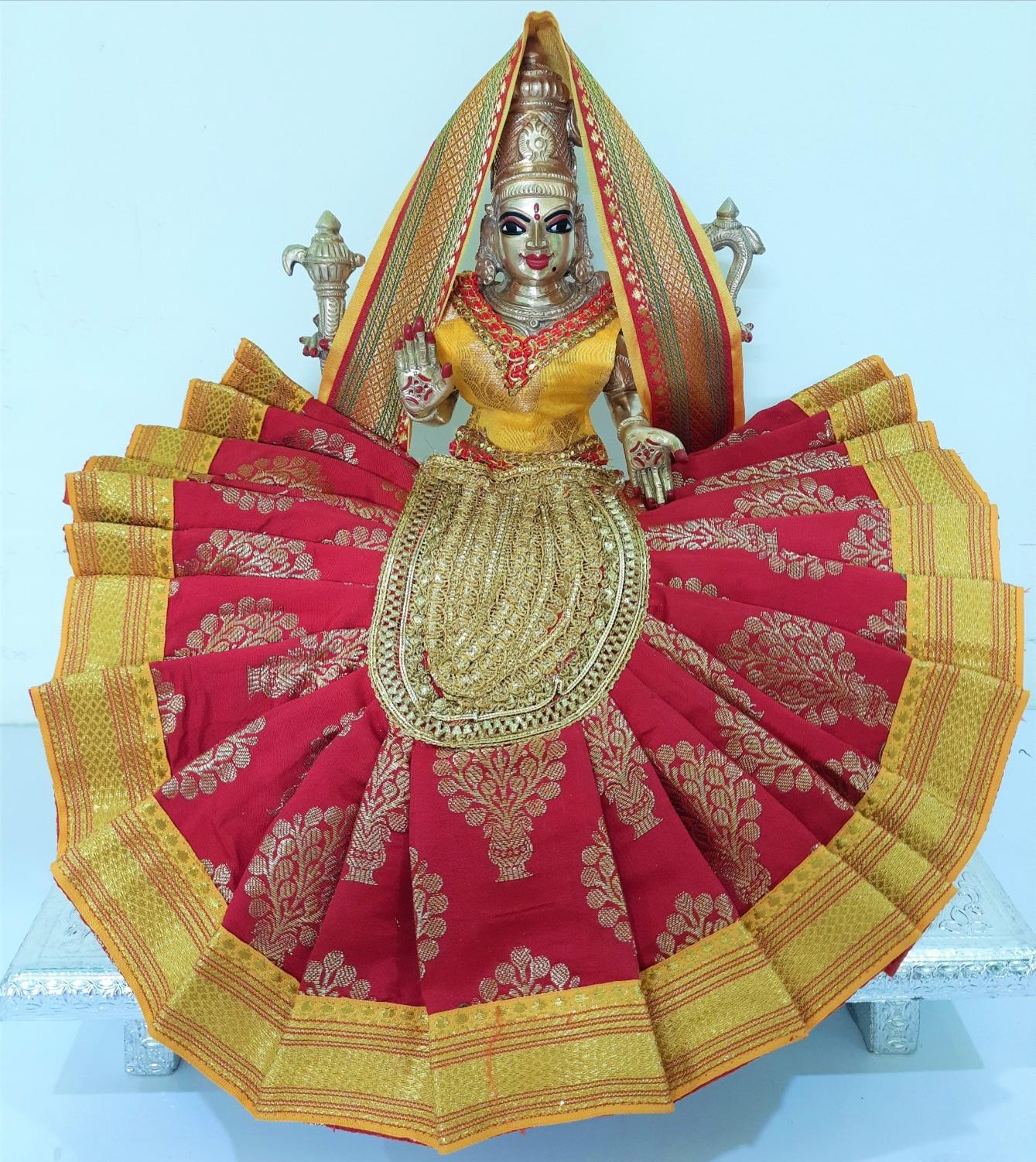 Deity Pre-stitched Kohlapur Mahalakshmi Saree made of Tapeta Silk (Not Pure Silk) - Red Saree with Yellow  border,  Yellow blouse and Shalya 2