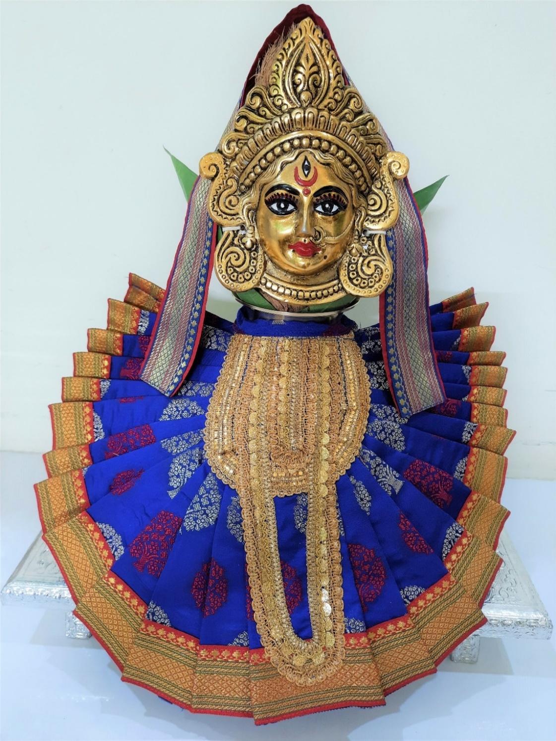 Deity Pre-stitched Kohlapur Mahalakshmi Saree made of Tapeta Silk (Not Pure Silk) - Royal Blue Saree with Red border, Red blouse and Shalya 2