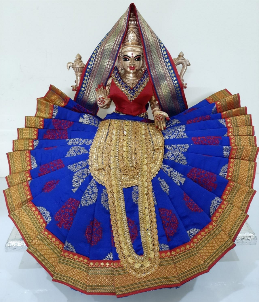 Deity Pre-stitched Kohlapur Mahalakshmi Saree made of Tapeta Silk (Not Pure Silk) - Royal Blue Saree with Red border, Red blouse and Shalya
