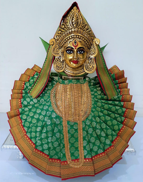 Deity Pre-stitched Kohlapur Mahalakshmi Saree made of Tapeta Silk (Not Pure Silk) - Green Saree with Red border,  Red blouse and Shalya