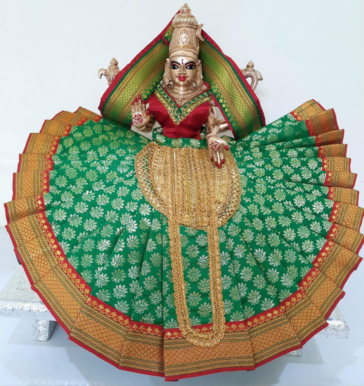 Deity Pre-stitched Kohlapur Mahalakshmi Saree made of Tapeta Silk (Not Pure Silk) - Green Saree with Red border,  Red blouse and Shalya 2